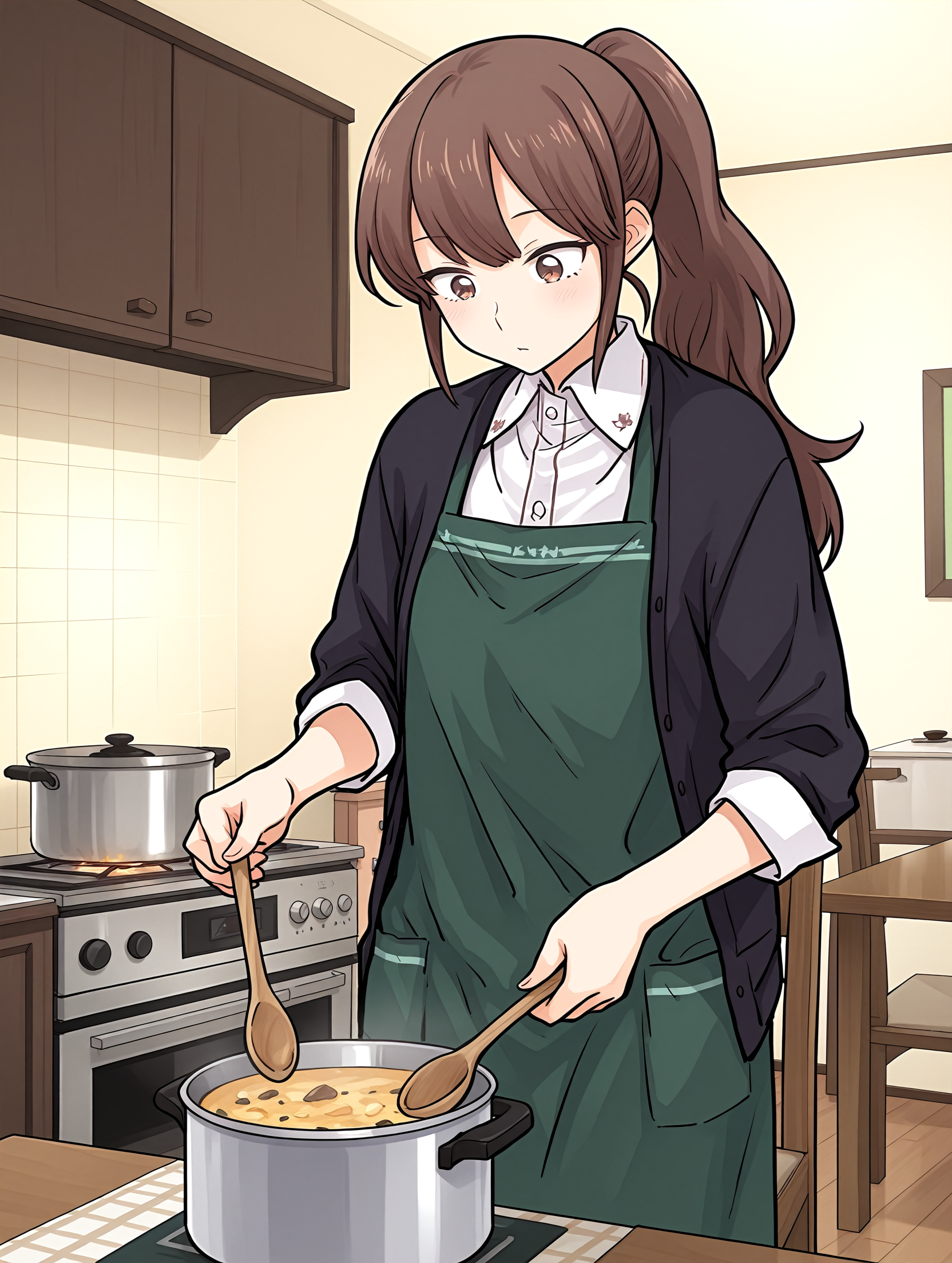 <lora:Yuna_Toomi_-_Illustrious:1> yuna toomi, sketch,
1girl, green apron, chair, table, statind in kitchen, indoors, white shirt,
cooking, cooking pot,  holding wooden spoon, looking down, black jacket, 
masterpiece,best quality,amazing quality,