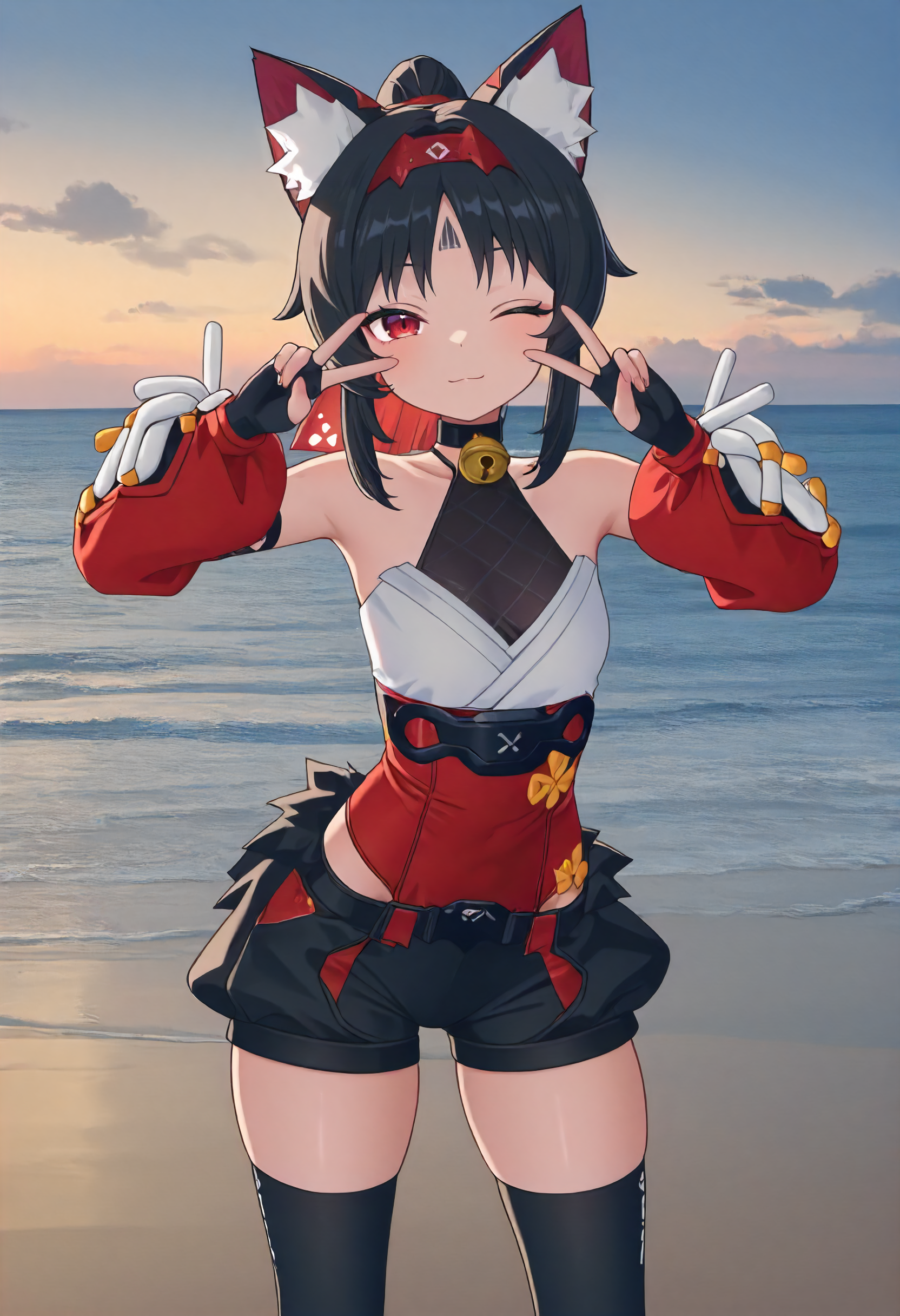 masterpiece, best quality, amazing quality, very aesthetic, absurdres, newest, scenery, volumetric lighting, perfect eyes, ultra detailed,
1girl, Nekomiya Mana, solo, forehead tattoo, cat ears, red hair band, black hair, ponytail, red ponytail lace, red eyes, 
choker, cowbell, black mesh, white top, red sash, detached sleeves, red sleeves, white sleeve laces, fingerless gloves, black shorts, black thigh highs, futuristic shin covers,
standing, looking at viewer, peace sign, wink, winking,
beach, ocean, horizon, clouds, organe sky, detailed background, beautiful frame,
<lora:Nekomiya_Mana__Nekomata_-_Zenless_Zone_Zero_ZZZ__Illustrious:1>
masterpiece, best quality, amazing quality, very aesthetic, absurdres, newest, scenery, volumetric lighting, perfect eyes, ultra detailed,