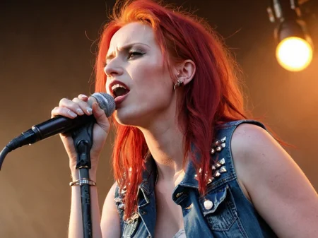 A portrait photo of a female with fiery red hair, wearing a denim vest with metallic studs, holding a microphone stand with a grunge rock band performing in the background.