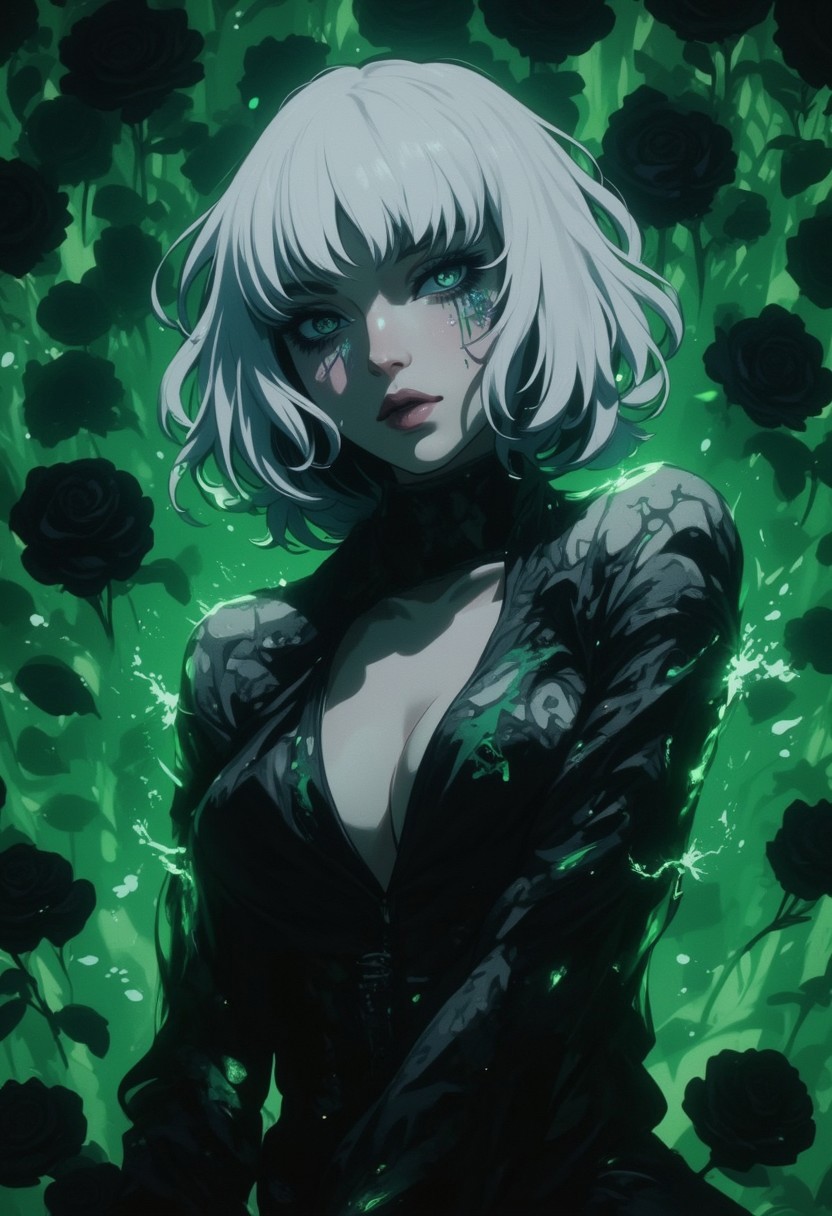 An Acrylic style painting that is expressive, gives it a dynamic and emotional quality. Anime art of a stylized portrait of a woman with a ethereal black and green mist surrounding her body. The mist creates a dramatic and surreal effect. The woman has a cold aesthetic, complimented by her white hair. Anime art of woman draped in shadows with a lighting that enhances her unique features.
The background is dark green, filled with black rose petals.