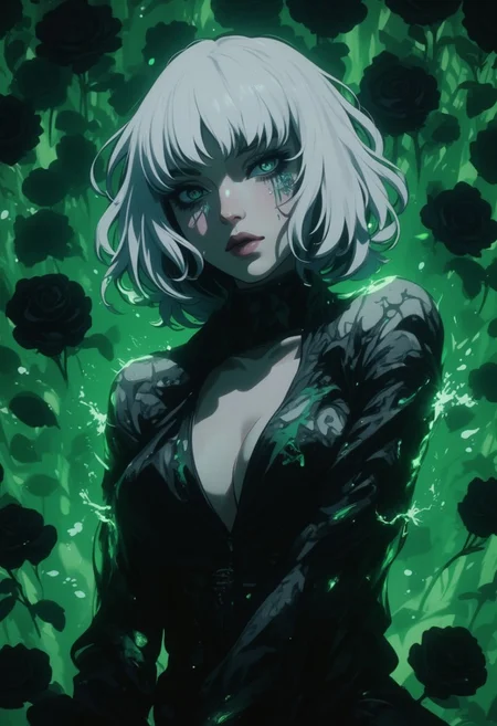 An Acrylic style painting that is expressive, gives it a dynamic and emotional quality. Anime art of a stylized portrait of a woman with a ethereal black and green mist surrounding her body. The mist creates a dramatic and surreal effect. The woman has a cold aesthetic, complimented by her white hair. Anime art of woman draped in shadows with a lighting that enhances her unique features.
The background is dark green, filled with black rose petals.