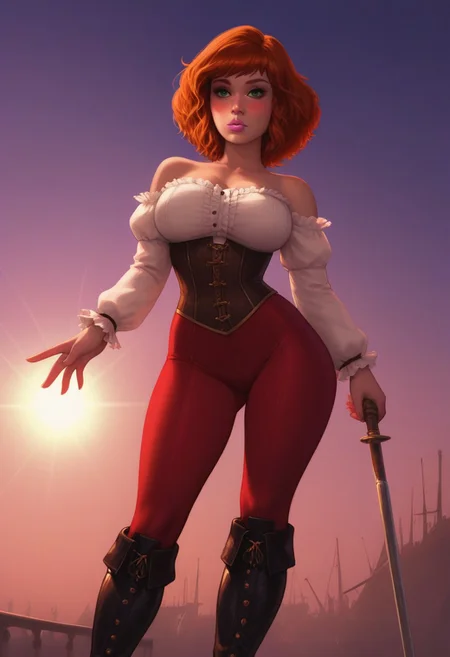 masterpiece,best quality, highly detailed, score_9, score_8_up, score_7_up, score_6_up, source_cartoon, BREAK, apriloneil, orange hair, green eyes, large breasts, pink lips, big ass, wide hips,
Detailed face,
Detailed hands,
hero shot, low angle, sharp focus, dynamic lighting. daytime on a pirate ship, sexy, a candid moment. Woman, solo, standing, posing, looking toward horizon, a sexy pirate, tight fitted corset, ruffle sleeve jerkin, leggings, high leather boots, medieval clothing, detailed skin, detailed face, radiant, jewelry, blushing, alluring expression, sun rays. Conveys emotion, artistic,