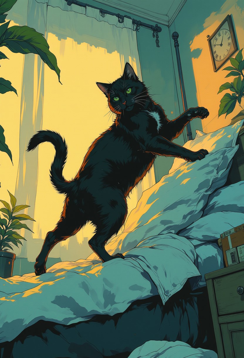 High-resolution semi-realistic anime illustration, crisp black outlines, expressive shading, rich natural lighting. A 
A fairly large, black or dark-colored cat dominates the scene after landing on a messy, unmade bed. The cat's silhouette is bold and striking, with sharp, clean lines and a deep, dark fur color that contrasts dramatically with the bright surroundings. Its arched back, lifted tail, and hissing expression convey intense frustration. The messy bed, rendered in soft pastel blues, whites, and light grays, adds a chaotic yet calming backdrop. The sunny morning light bathes the scene in warm golden highlights, creating high contrast and making the cat's dark silhouette pop dramatically. The modern minimalistic style emphasizes clean shapes and bold compositions, with the cat as the central, overpowering figure.
Painterly deep blues, sunlit golds, and muted teals create a serene, melancholic yet adventurous atmosphere. <lora:Niji_anime_style_flux:0.6> <lora:Vibrantly_Dark_style_v.1:0.8> <lora:PinkieSoftcoreAnimeFLUX:1.0>