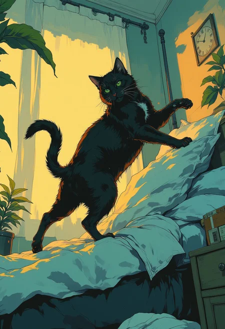 High-resolution semi-realistic anime illustration, crisp black outlines, expressive shading, rich natural lighting. A 
A fairly large, black or dark-colored cat dominates the scene after landing on a messy, unmade bed. The cat's silhouette is bold and striking, with sharp, clean lines and a deep, dark fur color that contrasts dramatically with the bright surroundings. Its arched back, lifted tail, and hissing expression convey intense frustration. The messy bed, rendered in soft pastel blues, whites, and light grays, adds a chaotic yet calming backdrop. The sunny morning light bathes the scene in warm golden highlights, creating high contrast and making the cat's dark silhouette pop dramatically. The modern minimalistic style emphasizes clean shapes and bold compositions, with the cat as the central, overpowering figure.
Painterly deep blues, sunlit golds, and muted teals create a serene, melancholic yet adventurous atmosphere. <lora:Niji_anime_style_flux:0.6> <lora:Vibrantly_Dark_style_v.1:0.8> <lora:PinkieSoftcoreAnimeFLUX:1.0>