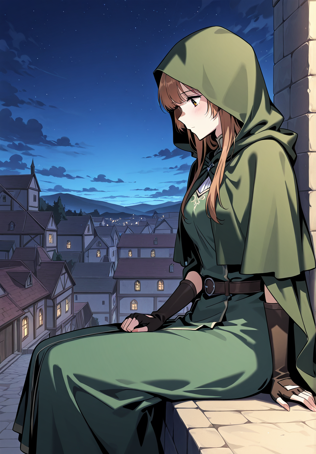 <lora:Demera illumi:1>
1 girl, solo, long hair, brown hair, bangs, brown eyes
green dress, bracelete, hood, hood up, cloak, hooded cloak, fingerless gloves
score_9, score_8_up, score_7_up, score_6_up, source_anime, masterpiece, best quality, absurdres, highres, newest, anime coloring <break>  1girl, solo, sitting, on wall, from side, town, night sky, cloud