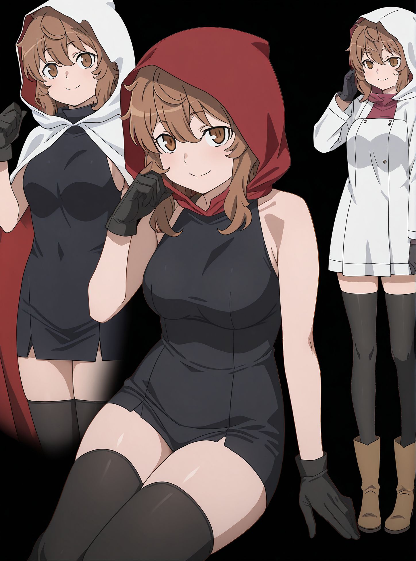 masterpiece,best quality,amazing quality,very aesthetic,absurdres,newest, huge filesize, <lora:spo_sdxl_10ep_4k-data_lora_webui:0.5>, <lora:add-detail-xl:1> 
fullmetal alchemist, official art, 
BREAK
<lora:DANMACHI_V3:1>
DANMACHI_V3, 1girl, gloves, multiple views, brown hair, hood, brown eyes, 
boots, black gloves, brown footwear, smile, thighhighs,  breasts,   
D_Liliruca