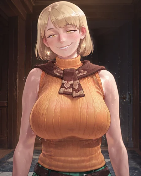 safe_pos, masterpiece, best quality, amazing quality, absurdres, highres, detailed art, 4s0r4, smooth style, andilf ,HD, 4K, possmach, 1girl, solo, ashleygraham, huge breasts, plump, curvy, smile, blush, blonde hair, bob cut, bangs, golden eyes,
orange turtleneck, brown sweater draped over shoulder, green plaid skirt, brown belt, shows breasts, lifts up his sweater, sweat