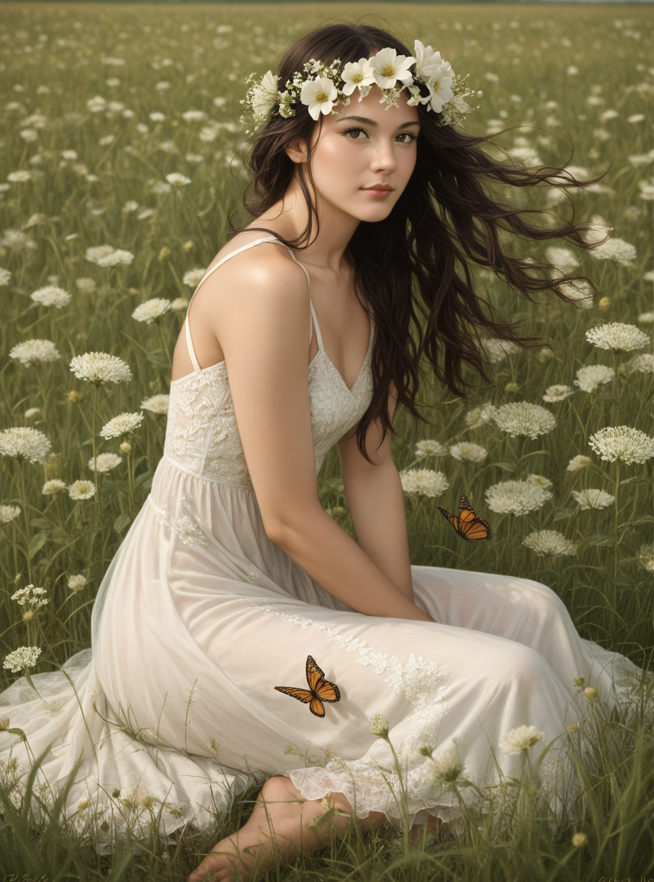 score_9, score_8_up, score_7_up, score_6_up, score_5_up, score_4_up,  source_anime, hud_l_b, <lora:hud_l_b_XLP:0.8>, 1girl, solo, butterfly, flower, long hair, dress, field, realistic, sitting