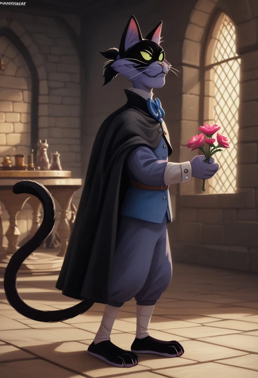 score_9, score_8_up, score_7_up, score_6_up, 1boy, hi_res, Fantomcat, cat, cat tail, cat anthro, Cartoon, detailed background, negative_hand, big eyes, 4fingers, 4k, ultra detailed, focus eyes, long cat legs, (medieval castle:1.4), indoors, standing, full body view, 3/4 side view, holding flowers in hands, seductive smile, black cloak, slim body