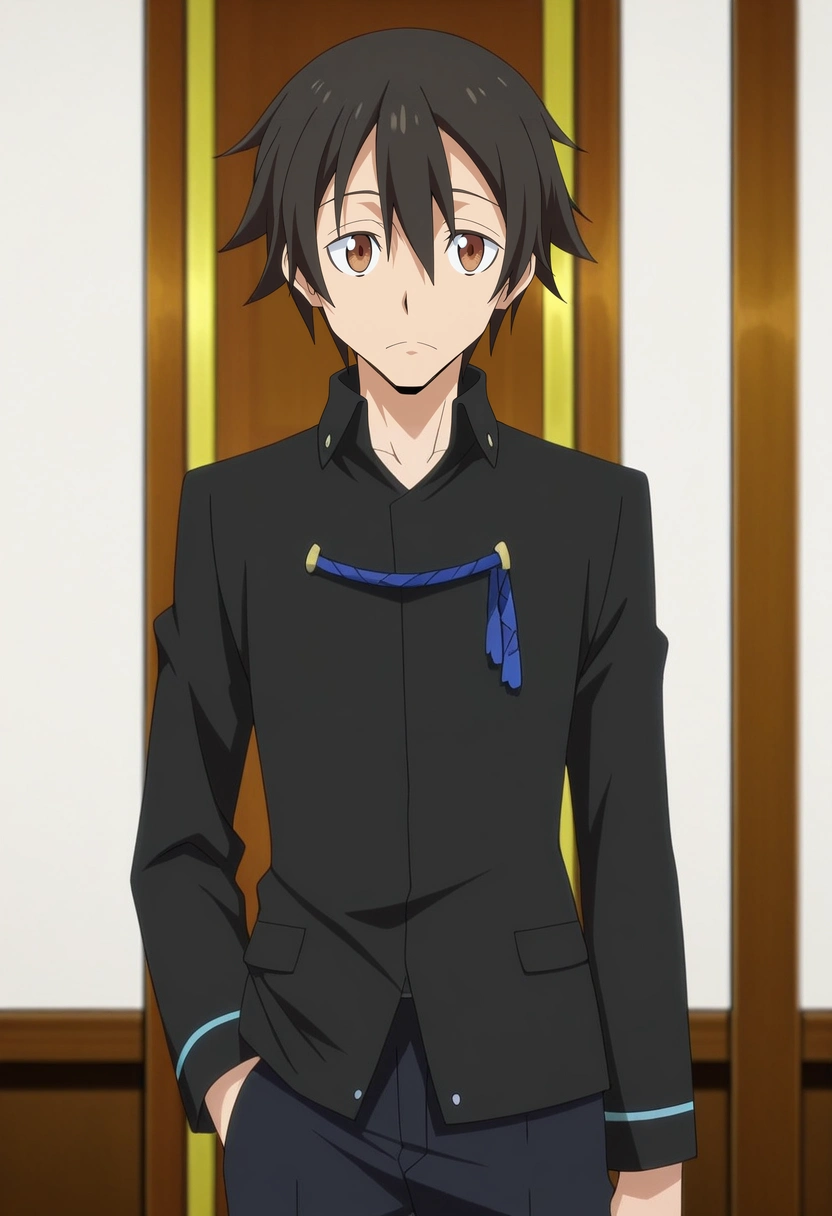 masterpiece, best quality, anime screencap, official style, anime coloring, cowboy shot, 1boy, solo, male focus, <lora:yuuki_kagurazaka_ilxl:1>, yuuki_kagurazaka, black hair, brown eyes, short hair, hair between eyes, , ,