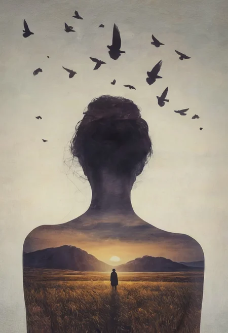 (painting), Close-up face, mysterious silhouette of an girl with dark skin in worn down clothing, gold cosmetic over face goddess, alluring, (oxygen-rich air and sheltered atmosphere,, aesthetic of hard - edge painting:0.1)(the falcon with glowing eyes) (ingenious opus magnum by Michael Vincent Manalo and Elvira Vigna:1.2), (pastel oil painting:0.1)amazing depth, double exposure, surreal, geometric patterns, intricately detailed, bokeh, perfect balanced, deep fine borders, artistic photorealism , smooth, great masterwork by Suiras <lora:add-detail-xl:2> <lora:Double Exposure XL:0.5> , (brush strokes:0.6), high contrast, (paint drips:0.5), (dripping paint:0.6), (splatters:0.4), (dramatic:0.2)