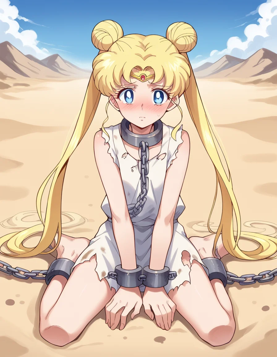 score_9, score_8_up, score_7_up, source_anime, <lora:usagi-tsukino-eternal-movie1-ponyxl-lora-nochekaiser:1>, usagi tsukino, blonde hair, blue eyes, double bun, hair bun, hair ornament, long hair, twintails, circlet, parted bangs,, <lora:rags-ponyxl-lora-nochekaiser:1>, rags, ankle cuffs, ball and chain restraint, bdsm, chain, chained, collar, cuffs, dress, metal collar, restrained, shackles, slave, sleeveless, torn clothes, torn dress,, sitting, wariza, desert, sand, w legs, blush, blue sky, sun,,