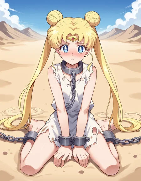 score_9, score_8_up, score_7_up, source_anime, <lora:usagi-tsukino-eternal-movie1-ponyxl-lora-nochekaiser:1>, usagi tsukino, blonde hair, blue eyes, double bun, hair bun, hair ornament, long hair, twintails, circlet, parted bangs,, <lora:rags-ponyxl-lora-nochekaiser:1>, rags, ankle cuffs, ball and chain restraint, bdsm, chain, chained, collar, cuffs, dress, metal collar, restrained, shackles, slave, sleeveless, torn clothes, torn dress,, sitting, wariza, desert, sand, w legs, blush, blue sky, sun,,