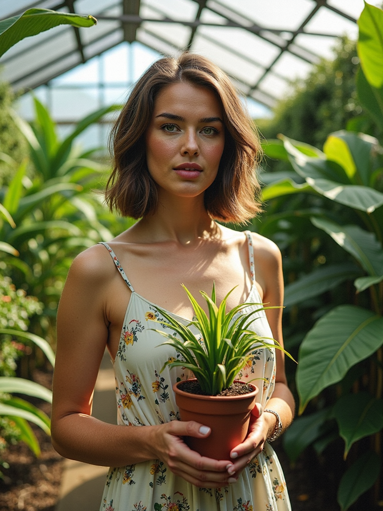 Cowboy shot of a woman standing in a lush, overgrown greenhouse, surrounded by vibrant, tropical plants and dappled sunlight filtering through the glass roof. Her detailed skin, with visible pores and a natural glow, contrasts with the rich green hues of the foliage. She has shoulder-length hair, slightly tousled, and is wearing a light, flowing summer dress with floral patterns that blend harmoniously with her surroundings. In her hands, she holds a small, potted plant, her fingers gently brushing the leaves. The soft light plays across her face, highlighting the detailed texture of her skin and the natural warmth in her expression. The background is filled with a variety of plants in different shades of green, creating a sense of calm and connection to nature, while the humid atmosphere adds a slight sheen to her skin, emphasizing the detailed realism of the scene, <lora:detailed_skin_portraits-000005:0.75>