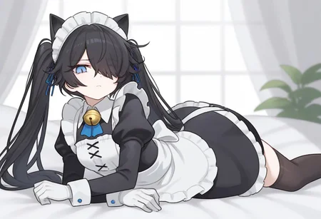 (Maid-kasli), solo, white gloves, dress, hair over one eye, maid apron, blue eyes, twintails, cat ears, maid headdress, maid, gloves, 1girl, apron, juliet sleeves, long sleeves, long hair, black hair, animal ears, bell,(Fall down),