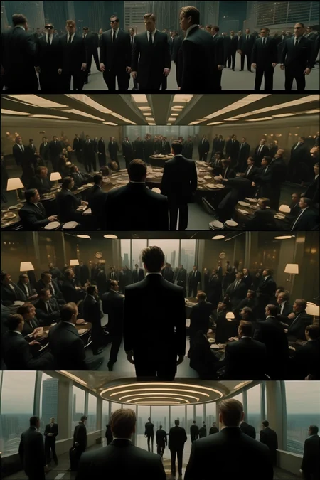 <lora:Director Christopher Nolan style:1>Director Christopher Nolan style - The mob was trading in a high-rise building. Security is tight and everyone wears black suits and has serious expressions. The entire scene is shot in a cinematic style, using realistic footage to create an amazing and immersive experience, with full-length shots, cinematic lighting, and realism.