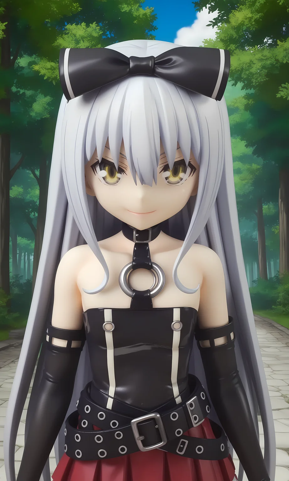 score_9, score_8_up, score_7_up, source_anime, highly detailed figure,looking at viewer, shiny skin, upper body, light smile, petite,ohwx, grey_hair, long_hair, yellow_eyes, collarbone, very_long_hair, grey_eyes, hair_between_eyes, white_hair, short_hair, flat_chest, breasts,bare_shoulders, choker, bow, hair_bow, collar, ribbon, dress, skirt, black_bow, belt, black_dress, hair_ribbon, pantyhose, cosplay, gloves, elbow_gloves, black_pantyhose, hairband, thighhighs, shoes, necktie, pleated_skirt, o-ring, gothic_lolita, Pathway through a Japanese forest with towering bamboo trees, quiet and serene, morning light,<lora:sora_pony_sobsynapse-000003:0.9>