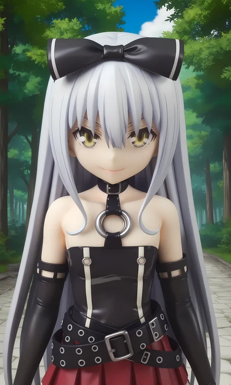 score_9, score_8_up, score_7_up, source_anime, highly detailed figure,looking at viewer, shiny skin, upper body, light smile, petite,ohwx, grey_hair, long_hair, yellow_eyes, collarbone, very_long_hair, grey_eyes, hair_between_eyes, white_hair, short_hair, flat_chest, breasts,bare_shoulders, choker, bow, hair_bow, collar, ribbon, dress, skirt, black_bow, belt, black_dress, hair_ribbon, pantyhose, cosplay, gloves, elbow_gloves, black_pantyhose, hairband, thighhighs, shoes, necktie, pleated_skirt, o-ring, gothic_lolita, Pathway through a Japanese forest with towering bamboo trees, quiet and serene, morning light,<lora:sora_pony_sobsynapse-000003:0.9>
