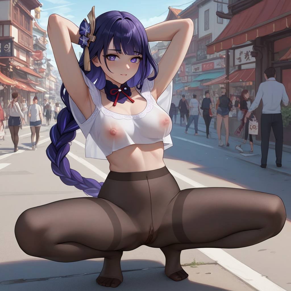 score_9, score_8_up, score_7_up, source_anime, expressive, anime, Artist speedlines, dynamic, 1girl, Raiden Shogun\(Genshin Impact\), squatting, arms behind head, armpit_hair, crop top see-through_legwear pantyhose, see-through, thighband_pantyhose, pantyhose, nudepantyhoseXL, pussy_under_pantyhose, uncensored, pussy, exhibitionism, public, outdoors, sunny, urban