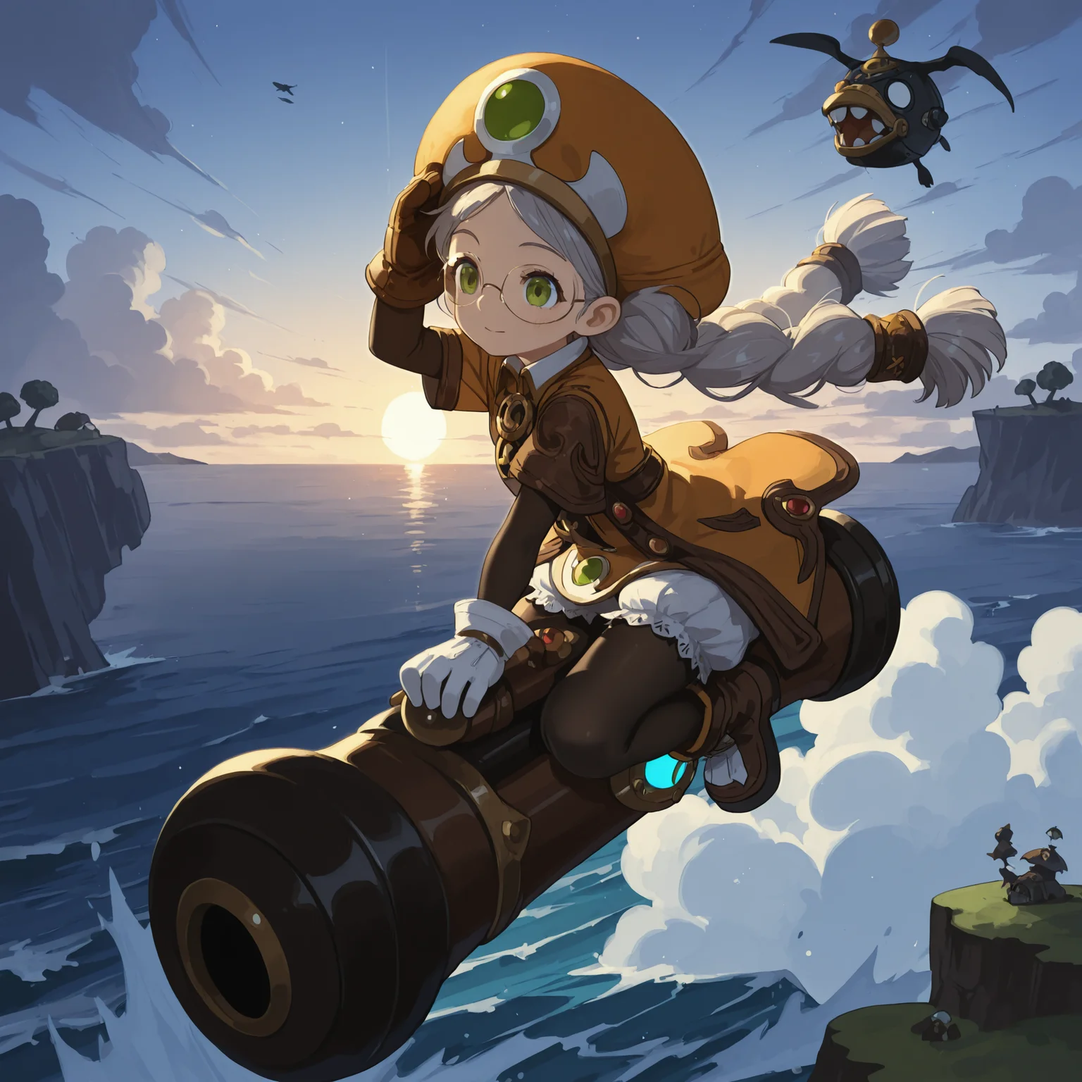 AcadDN01, 1girl, riding on a cannon,hand on headwear, orange hat, brown gloves, white gloves, black pantyhose, twin braids, boots, short sleeves, white bloomer, flying on the sky, face, island, land, sea ,cloud, <lora:academic_dragonnest:1>