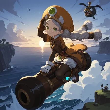 AcadDN01, 1girl, riding on a cannon,hand on headwear, orange hat, brown gloves, white gloves, black pantyhose, twin braids, boots, short sleeves, white bloomer, flying on the sky, face, island, land, sea ,cloud, <lora:academic_dragonnest:1>