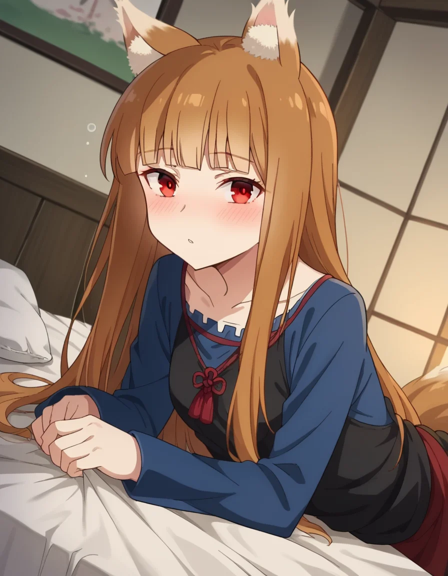 score_9, score_8_up, score_7_up, source_anime,
wolfholo, <lora:wolf-holo-alpha-ponyxl-lora-nochekaiser:1>
holo, red eyes, bangs, blunt bangs, sidelocks, animal ears, fox ears, brown hair, long hair,
dress, long sleeves, collarbone,
indoors, bed, bed room, on side, blush, drunk,
looking at viewer, cowboy shot, dutch angle,