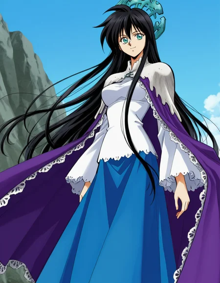 Ryukichi kousyu V3,1990s (style),black hair,very long hair,green eyes,purple frilled cape,stone shoulders,wide sleeves,white shirt,blue long skirt,bubble,(hat:-1),(emphasis lines:-1),(thighs:-1),(dark:-1),(standing:1.5),outdoors,sky,day,
1girl,
light smile,
looking at viewer,
normal breasts,
perky breasts,,explicit,hair between eyes,(bold:3.12),thick outline,black outline,harsh lines,soft lines,deluster,boldline,curvy,slim,skindentation,
(anime screencap),(anime coloring:1.2),anime screenshot, animated painting, animated gif,2d cel anime,anime cap,anime,anime style,anime cel,Cel shading,cel shaded,soft brightness,perfect face,perfect nose, perfect hair, perfect eyes,perfect female body,perfect skin,a face of perfect proportion,perfect lighting,perfect anatomy,perfect proportion,perfect hands,perfect legs,perfect fingers,masterpiece,super fine illustration,(best quality, absurd res, ultra detailed),very aesthetic,absurdres,16k,intricate detail,amazing quality,detailed linework,vibrant colors,kawaii,flat color,
<lora:è¤å´ç«ç_å°ç¥æ¼ç¾©ç«åå¬ä¸»illustriousV3Fujisaki_Ryu_version_style_Houshin_Engi_Princess_RyukichiillustriousV3-000007:1:0.8>
