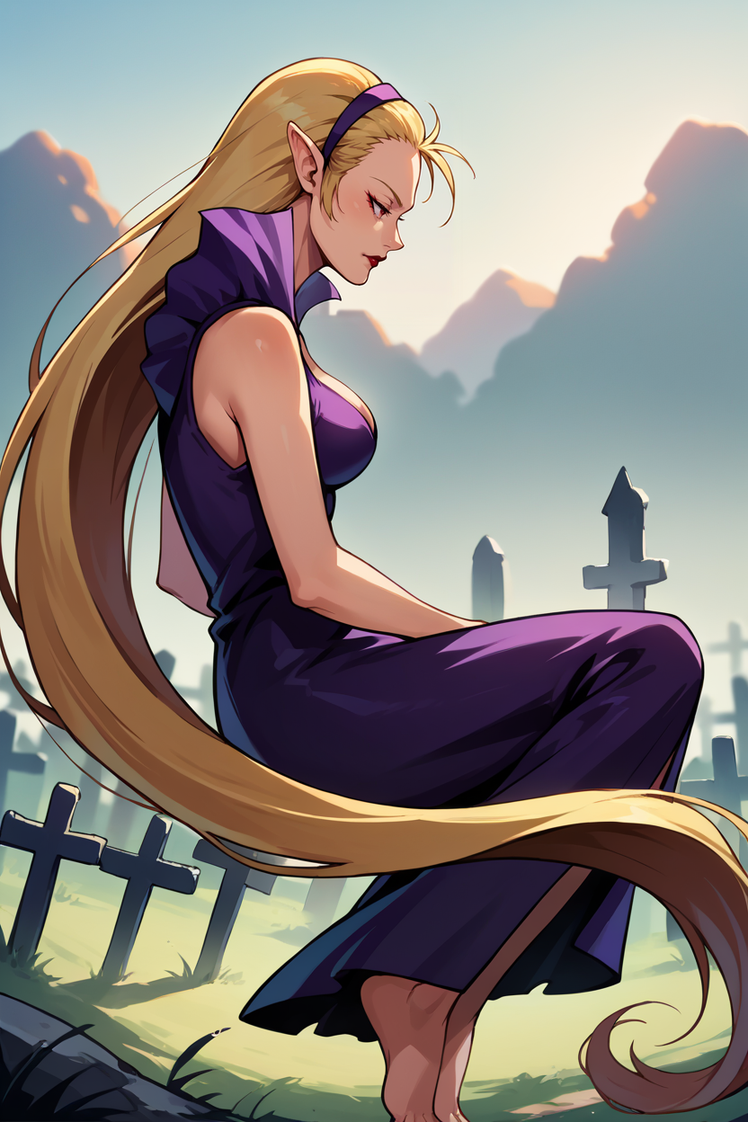 score_9, score_8_up, score_7_up, score_6_up, source_anime BREAK 1girl, solo <lora:leanansidhe-pdxl-nvwls-v1-000005:1> leanan sidhe, very long hair, blonde hair, pointy ears, lipstick, hairband, purple dress, cleavage, sleeveless, long dress, barefoot, sitting, big breasts, from side, graveyard, floating