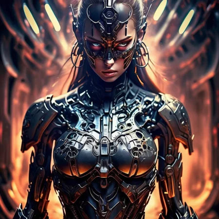 techmai female warrior in dark half mask with on battlefield, crystal body, time machine, expressive <lora:techmai:1>