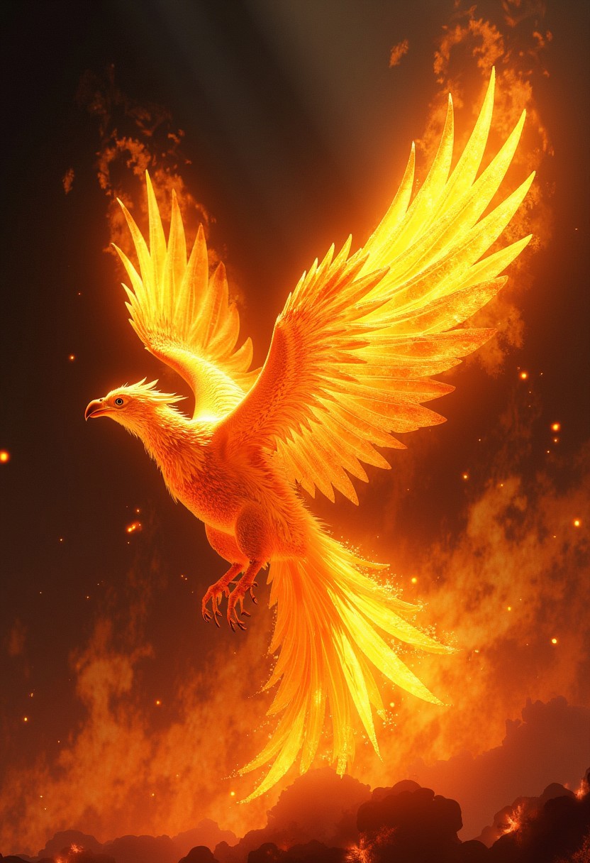 A digital painting in the style of ck-js, photorealistic image of a phoenix, golden and orange plumage, emerging majestically from the flames, silhouetted, chiascuro