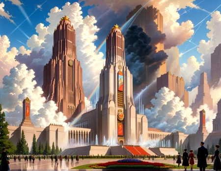 score_9, score_8_up, score_7_up,
<lora:Soviet_Gothic_(Architecture)_(SDXL)_(AD):0.8> Soviet Gothic, monumental architecture, architecture, city, cityscape, scenery, building, skyscraper,
8K, In'ei, chiaroscuro, rim lighting, perfect depth of field shot, beautiful, subsurface scattering, idealized city, wide beautiful boulevards, busy city center, parks and manicured lawn areas, large parks, plazas, detailed fluffy anime clouds, gothic style, photographic realism, soft lighting, soft shading, art by Thomas Kinkade, Soviet, Communist,
BREAK zPDXL, zPDXLxxx, <lora:wowifierXL:0.2> art by mooncryptowow <lora:sdxl_lightning_8step_lora:0.4> <lora:detailed_notrigger:0.5>