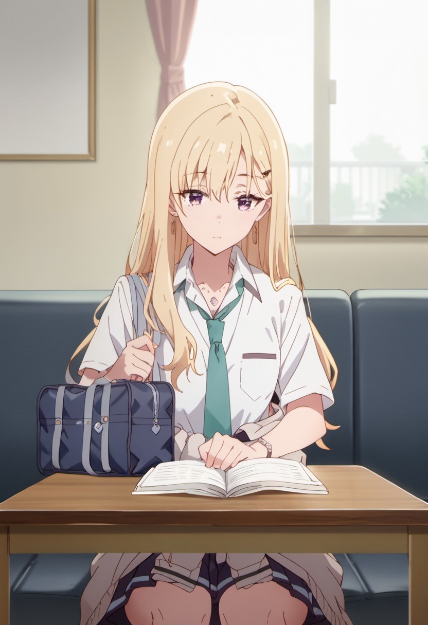 score_9, score_8_up, score_7_up, source_anime,ayase saki, blonde hair, purple eyes, 1girl, solo, school bag, clothes around waist, necktie, school uniform, bag, sitting, long hair, table, couch, indoors