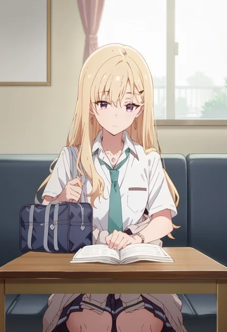 score_9, score_8_up, score_7_up, source_anime,ayase saki, blonde hair, purple eyes, 1girl, solo, school bag, clothes around waist, necktie, school uniform, bag, sitting, long hair, table, couch, indoors