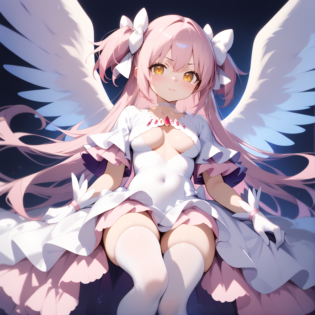 (score_9,score_8_up,score_7_up) BREAK uncensored BREAK 1girl,solo,(medium breasts:1.4),
disgust,scowl,closed mouth,tears,eye contact,looking_at_viewer,
BREAK
BREAK feet,(foot_focus:1.3),(povfeet:1.6),
BREAK
BREAK
BREAK
BREAK
BREAK <lora:madoka_god:1>,
(ultimate madoka,kaname madoka,long hair,pink hair,very long hair,bangs,hair between eyes,two side up,white bow,yellow eyes) BREAK (angel wings:1.2),(choker,white choker,gloves,white gloves,underboob,underwear,clothing cutout,cleavage cutout,covered navel,wide sleeves,frills,dress,white dress,frilled dress),(thighhighs,white thighhighs),universe,