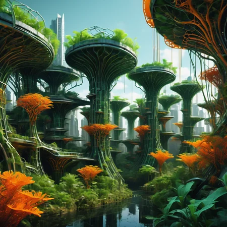((best quality)), ((masterpiece)), ((realistic,digital art)), (hyper detailed),DonMG414XL Languages architecture Cyberpunk Metropolis Mangrove,Slope, octane rendering, raytracing, volumetric lighting, Backlit,Rim Lighting, 8K, HDR,   <lora:DonMG414XL-000015:1>