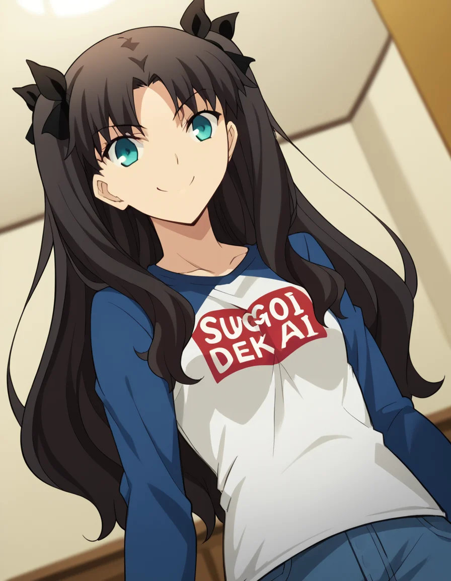 score_9, score_8_up, score_7_up, source_anime, rintohsaka, <lora:rin-tohsaka-ubw-ponyxl-lora-nochekaiser:1>, rin tohsaka, aqua eyes, black hair, hair ribbon, long hair, ribbon, sidelocks, two side up, parted bangs,, <lora:sugoi-dekai-ponyxl-lora-nochekaiser:1>, sugoi dekai, clothes writing, raglan sleeves, t-shirt, denim, denim skirt,, indoors, smile, smug,, cowboy shot, dutch angle,