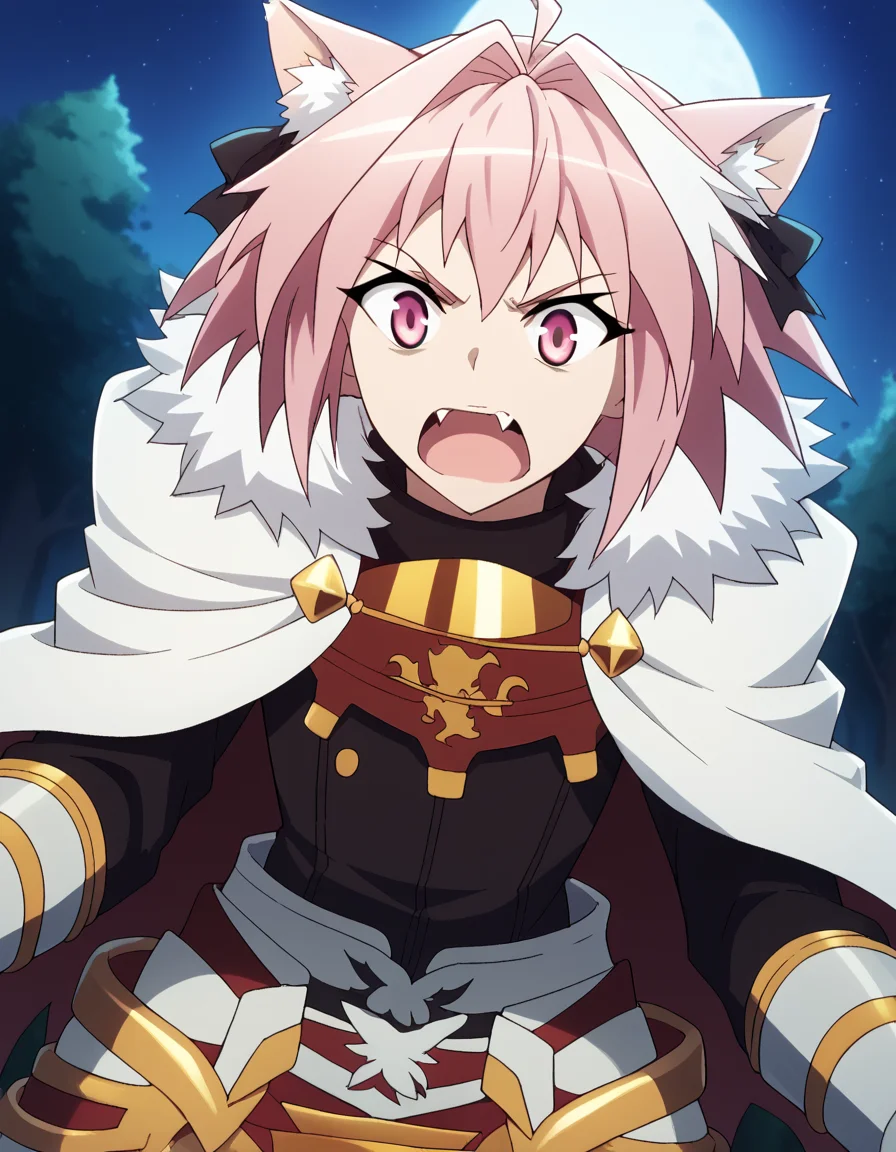 score_9, score_8_up, score_7_up, source_anime, <lora:astolfo-apocrypha-s1-ponyxl-lora-nochekaiser:1>, astolfo, long hair, pink eyes, hair ribbon, pink hair, braid, ahoge, white hair, male focus, multicolored hair, streaked hair, single braid, otoko no ko, long braid,, <lora:werewolf-ponyxl-lora-nochekaiser:1>, werewolf, furry, fangs, animal ears, gloves, angry, teeth, animal ear fluff,, forest, night, moon, open mouth, , dutch angle, cowboy shot
