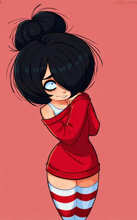 score_9, score_8_up, <lora:zelligxl-v2:1> 1girl, zellig_maya, black hair, hair bun, hair over one eye, red sweater, red striped thighhighs
