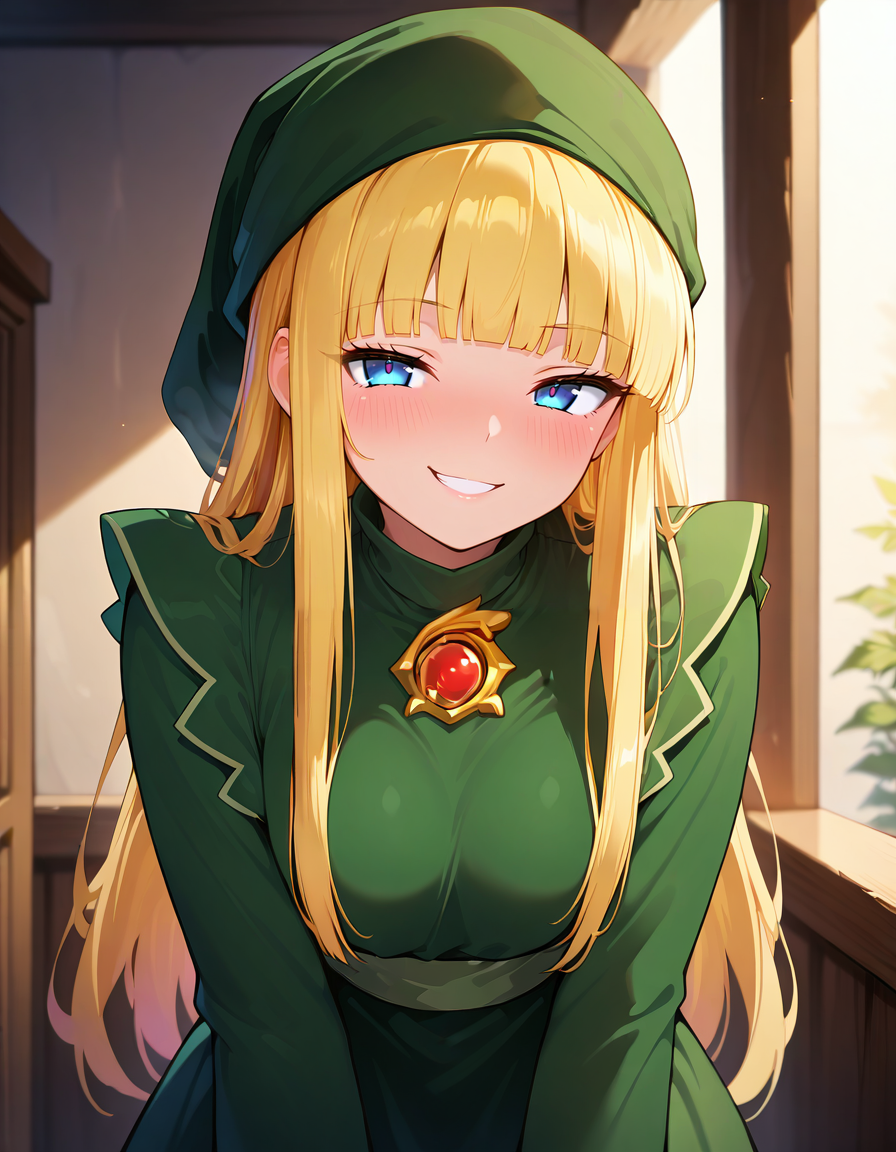 <lora:witchP4_SDXL_Illustrious01_fp16_ver01:1>,witchP4,1girl,blonde hair, long hair,  blue eyes,green dress,green headwear,long sleeves,long skirt,brooch,blunt bangs,light green sash,naughty face,upper body,, masterpiece, best quality, very aesthetic, absurdres,<lora:detailed_hands:1>,hand