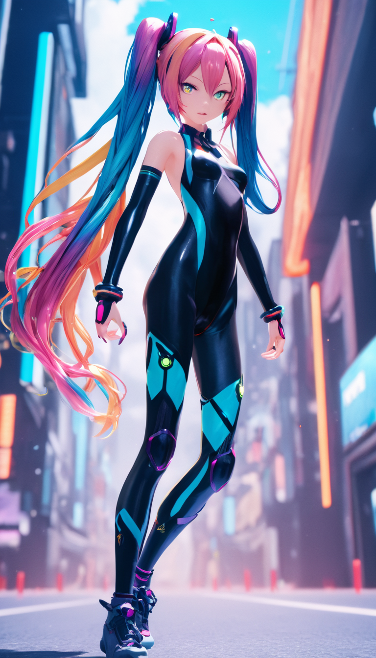 Cinematic scene, hero view, a female vocaloid, multicolored mixed colored hair, braids, wearing a tight full body bodysuit, action pose, extremely beautiful piercing eyes, detailed background, masterpiece, best quality, high quality, highres, absurdres, very detailed, high resolution, sharp, sharp image, 4k, 8k, vivid <lora:mmd_xl_v2:1>