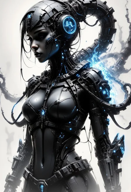 masterpiece, high-resolution monochrome photograph of oriental cyberpunk cyborg woman, cables pulsing with electrical energy, dutch angle, dynamic, side view