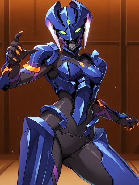 (masterpiece, very aesthetic, absurdres, best quality, high quality, cinematic shadow:1.4), body blush,character focus,perfect hands, small breasts,sidelocks, cowboy shot, <lora:HandFixer_pdxl_Incrs_v1:1> handfixer,looking at viewer,<lora:StS-Illustrious-Detail-Slider-v1.0:4>, ,, <lora:eyelashext_v10:1>, <lora:cyan:1>, cyanbluestar,cyngladiator,blue armor,robot, robot girl,helmet,green eyes,no pupils, no humans,multicolored,neon trim,claws,orange nails, orange glow, dynamic pose, fighting stance,