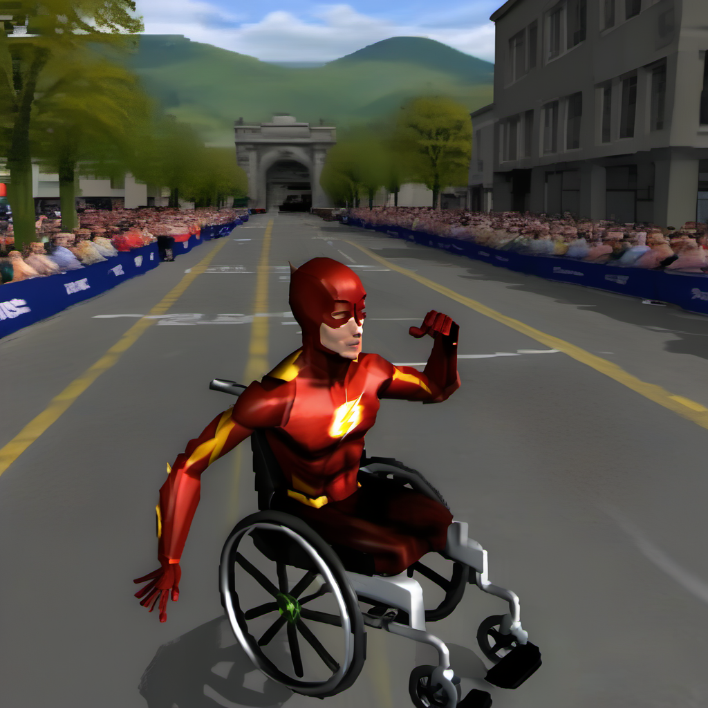 barry allen flash in wheelchair, marathon finishline, (ps1 style),   <lora:ps1_style_SDXL_v2:1>