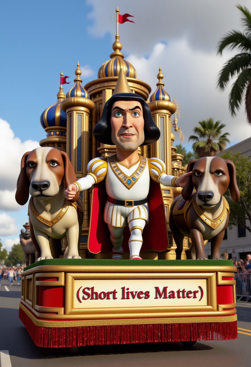 Realistic photograph capturing a vibrant, elaborate Lord Farquaad) themed parade float including banner with text "(Short lives Matter)"