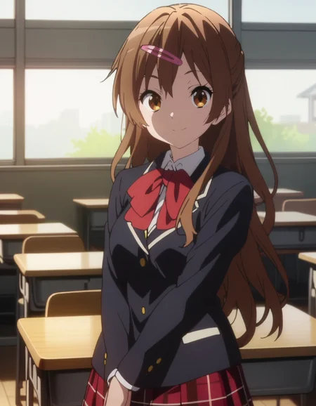 masterpiece, best quality, ultra detailed, highres,4k,(ultra-detailed:1.4) (illustration:0.5), (ray tracing,:0.8),(anime colored:0.7),(ai-generated:0.5), (anime screencap:1.2),
1girl,
<lora:nibutanishinkaXL2:0.8>,nibutanishinka,
brown eyes, brown hair, long hair, hairclip,
school uniform, plaid skirt, plaid, jacket,red skirt, blazer,
smile,
classroom,
cowboy shot,