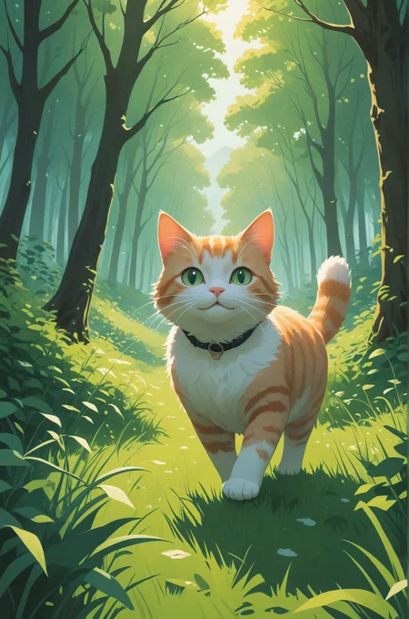 a cat walking through a lush green field next to a forest filled with trees and bushes, with a smiling face, Atey Ghailan, official art, a storybook illustration,