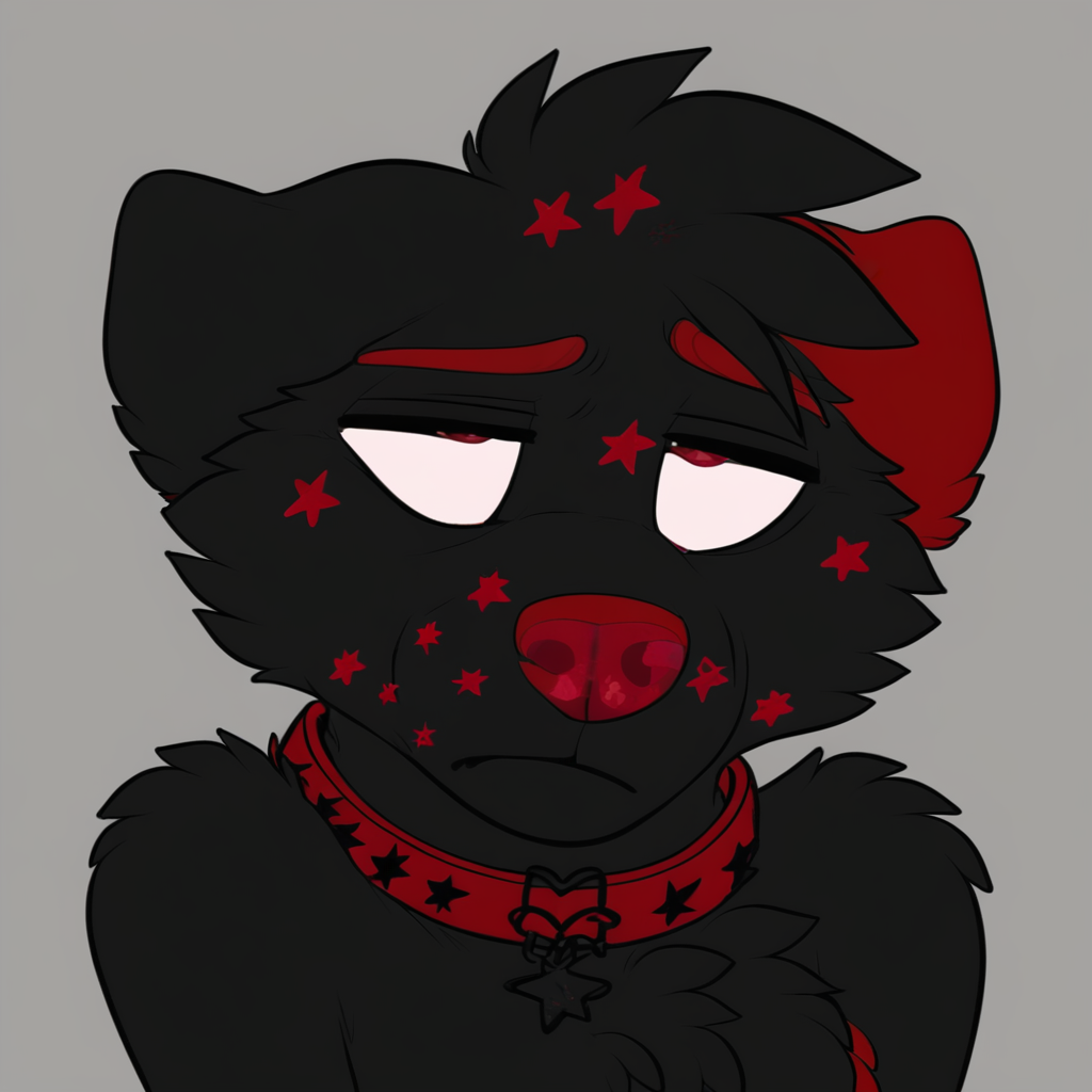 anthropomorphic dog, black Labrador, black fur, dark red markings, stars on face, red nose, red inner ears, red eyebrows, red underfur, expressive eyes, cute, wearing red collar with black stars, black hair, semi-realistic, medium detail, sad expression, playful expression, nerdy style, red star pattern on muzzle, male