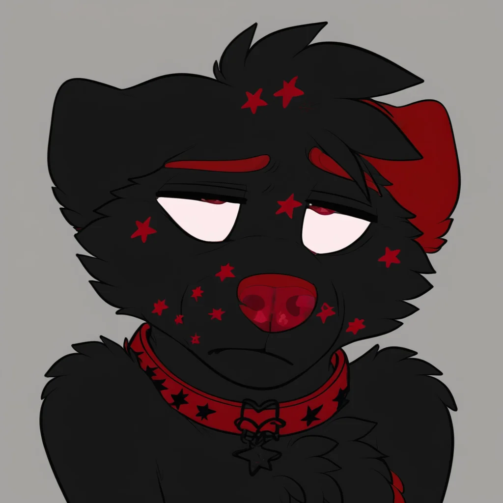 anthropomorphic dog, black Labrador, black fur, dark red markings, stars on face, red nose, red inner ears, red eyebrows, red underfur, expressive eyes, cute, wearing red collar with black stars, black hair, semi-realistic, medium detail, sad expression, playful expression, nerdy style, red star pattern on muzzle, male