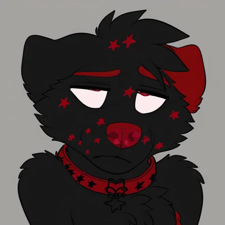 anthropomorphic dog, black Labrador, black fur, dark red markings, stars on face, red nose, red inner ears, red eyebrows, red underfur, expressive eyes, cute, wearing red collar with black stars, black hair, semi-realistic, medium detail, sad expression, playful expression, nerdy style, red star pattern on muzzle, male