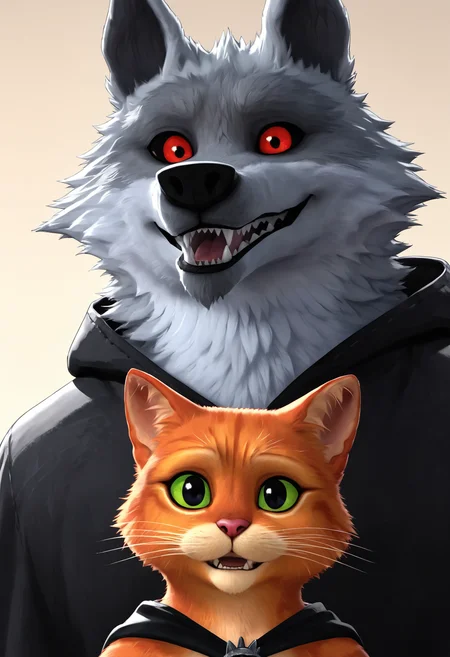 score_9, score_8_up, score_7_up, score_6_up, score_5_up, source_furry, duo, male with male, anthro, looking at viewer, happy, close up, <lora:Dreamworks_Furry_Mix:0.7>
BREAK
PussInBoots, 1boy, orange cat, two tone fur, cat ears,
BREAK
DeathWolf, 1boy, grey wolf, two tone fur, red eyes, black dog nose, dog ears, black cape,
BREAK
in bedroom, bedroom background,
